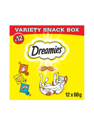 Dreamies Cat Treats Mixed Variety Snack Box with Chicken, Cheese & Salmon (12 x 60g)